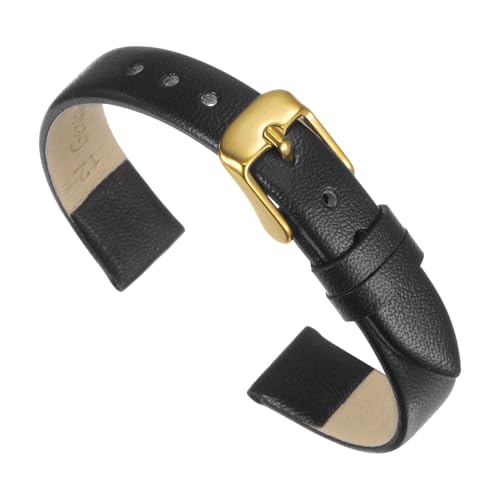 QUARKZMAN Schwarzes Echtlederarmband, 16 mm breit, flaches, dünnes, elegantes Lederuhrenarmband mit goldfarbener Schnalle für Damen und Herren von QUARKZMAN
