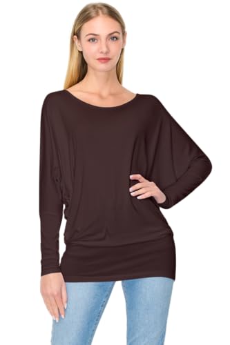Damen-Top mit U-Boot-Ausschnitt, langärmelig, Fledermausflügel, Dolman-Oberteil, Premium-Shirt (Größe S-3XL), Braun_2312, 3X-Groß von QUARTER TO 3