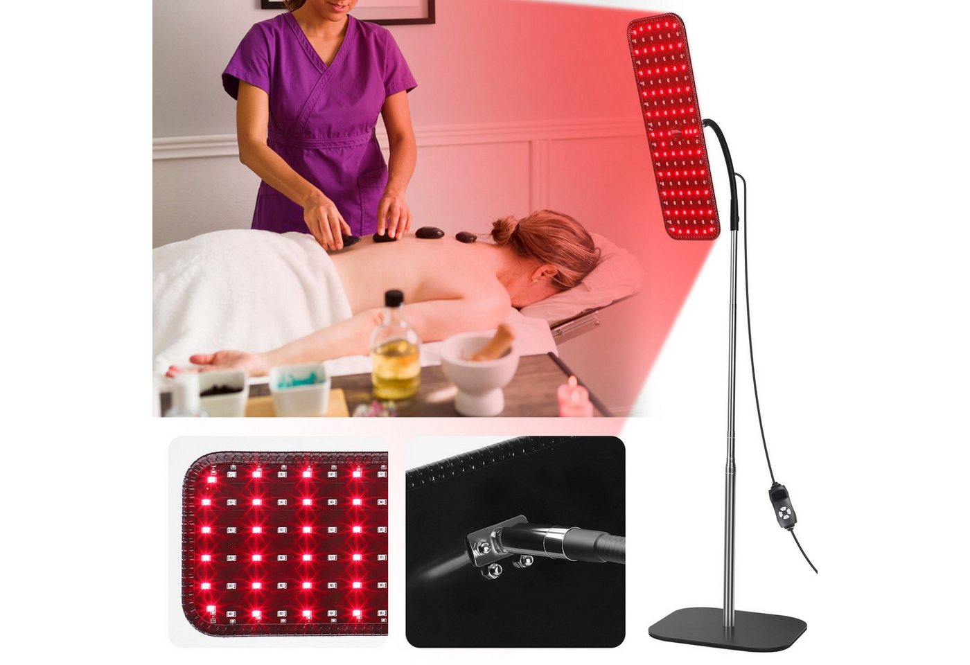 QUBEBU Infrarotlampe 126LEDs Infrarotlampe, 660nm & 850nm, Therapielampe mit Bodenstativ, Infrarotlicht für Gesicht, Hals, Rücken, Rotlicht, 5-30 Minuten Timer., 1-tlg., 360° drehbar, Infrarotlicht für Zuhause/Büro. von QUBEBU