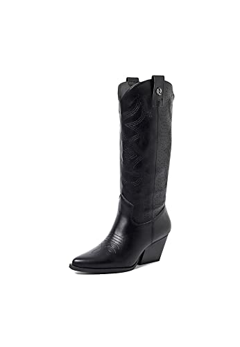 QUEEN HELENA Camperos Texani Perforierte Stiefel mit Western Cowboy Zehenkappe Stiefeletten mit seitlichem Reißverschluss für Damen X28-100, Schwarz , 39 EU von QUEEN HELENA