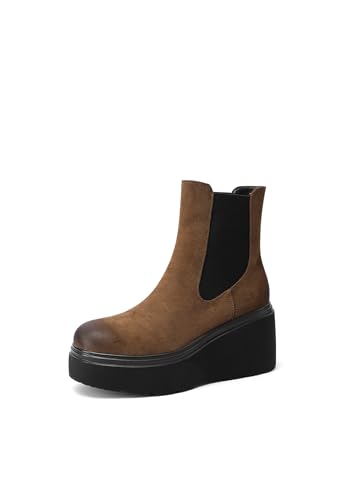 QUEEN HELENA Chelsea Platform Stiefeletten mit Keilabsatz Damen X31-129, Khaki, 40 EU von QUEEN HELENA