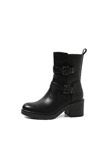 QUEEN HELENA Damen Biker Stiefeletten mit Absatz Doppel Schnalle X29-96, Schwarz , 40 EU von QUEEN HELENA