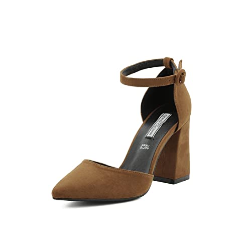 QUEEN HELENA Damen Pumps mit Riemchen Mittelhoher Absatz Geschlossene Spitze Bequem Elegant Leicht Casual ZM7002 Braun 37 von QUEEN HELENA