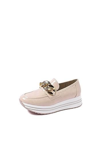 QUEEN HELENA Elegante Französische Halbschuhe ohne Schnürsenkel mit Plateau für Damen X27-100 Beige Pat, 39 EU von QUEEN HELENA