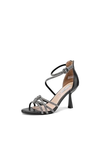 QUEEN HELENA Elegante Sandalen mit Strass mittlerer Absatz Damen ZM96003, Schwarz , 37 EU von QUEEN HELENA