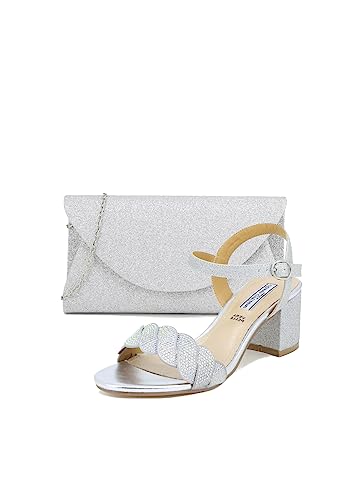 QUEEN HELENA Elegante Sandalen mit niedrigem Absatz Glitzer mit Strass Steine mit Riemen für Damen ZM9006, Silber Schuh mit Clutch, 37 EU von QUEEN HELENA