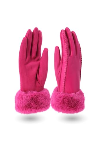 QUEEN HELENA Handschuhe mit Pelz Warme Winterhandschuhe für Damen G22-2 fuchsia, Einheitsgröße von QUEEN HELENA