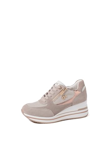 QUEEN HELENA Hohe Leder Turnschuhe mit Keilabsatz Casual Turnschuhe Damen QH7017, Qh7018 Beige, 37 EU von QUEEN HELENA