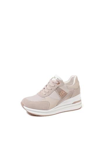 QUEEN HELENA Hohe Leder Turnschuhe mit Keilabsatz Casual Turnschuhe Damen QH7017, beige, 36 EU von QUEEN HELENA