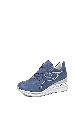 QUEEN HELENA Hohe Sneakers mit Keilabsatz Turnschuhe Platform Leicht Casual Plateau Damen X28-43, X28 43 Blau, 41 EU von QUEEN HELENA