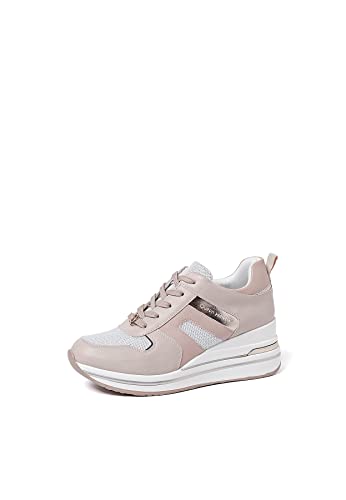 QUEEN HELENA Hohe Sneakers mit Keilabsatz Turnschuhe Platform Leicht Casual Plateau Damen X28-43, X28 45 Beige, 37 EU von QUEEN HELENA