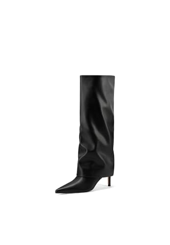 QUEEN HELENA Hohe Stiefel mit breitem Schaft mit Stiletto-Absatz für Damen K4076, Schwarz Pu, 38 EU von QUEEN HELENA