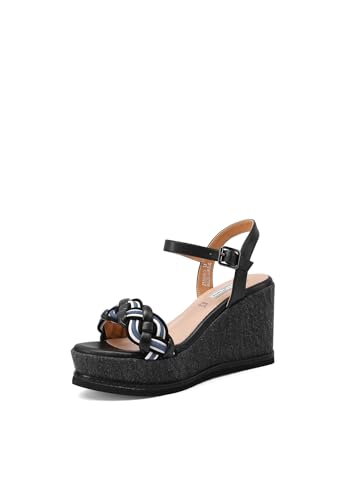 QUEEN HELENA Keilabsatz mit geflochtenem Band Sandalen mit Keilabsatz für Damen ZM9660, Schwarz , 39 EU von QUEEN HELENA
