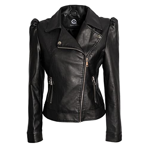 QUEEN HELENA Nagel Kunstlederjacke mit Nieten Kurze Jacke Casual Biker Motorradfahrer Leicht Bequem Damen Y3006, Schwarz , L von QUEEN HELENA