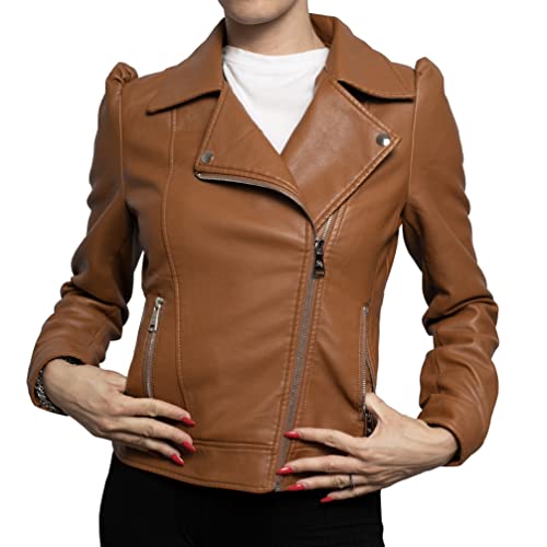 QUEEN HELENA Nageljacke aus Kunstleder mit Nieten, kurze Jacke, Casual Biker, leicht, bequem, für Damen Y3006, braun, M von QUEEN HELENA