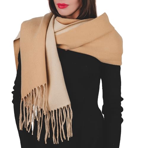 QUEEN HELENA SC203 Winterschal mit Fransen für Damen, beige, Einheitsgröße von QUEEN HELENA