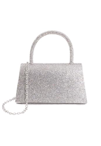 QUEEN HELENA SS609 Clutch mit festem Griff, Handtasche mit abnehmbarem Schultergurt, mit Strass, elegante Damenhandtasche, silber / schwarz von QUEEN HELENA