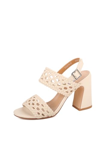 QUEEN HELENA Sandalen mit breiten Absätzen und Riemen, elegante Damenschuhe ZM9678, beige, 39 EU von QUEEN HELENA