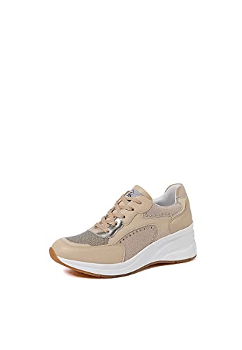 QUEEN HELENA Sneakers Platform Hohe Turnschuhe mit Keilabsatz Erhöhung Casual Leicht Damen X28-41, X28 42 Beige, 38 EU von QUEEN HELENA