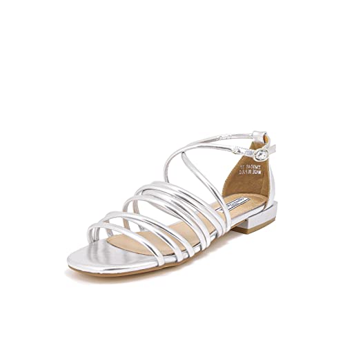 QUEEN HELENA Sommer Flache Sandalen Offene Casual Elegante mit Kreuzbändern Knöchelriemen Damen ZM9046, silber / schwarz, 39 EU von QUEEN HELENA