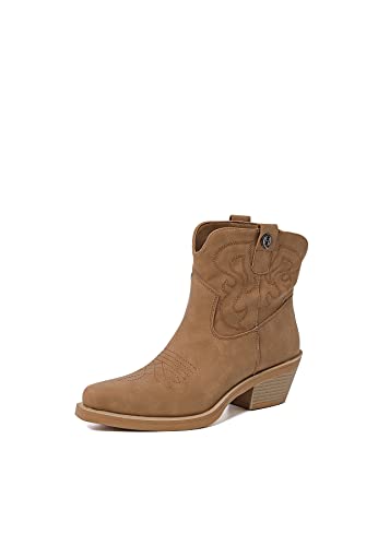 QUEEN HELENA Texani Camperos Stiefeletten mit niedrigem Absatz Cowboy bestickt Spitze Western Damen X28-102, braun, 36 EU von QUEEN HELENA