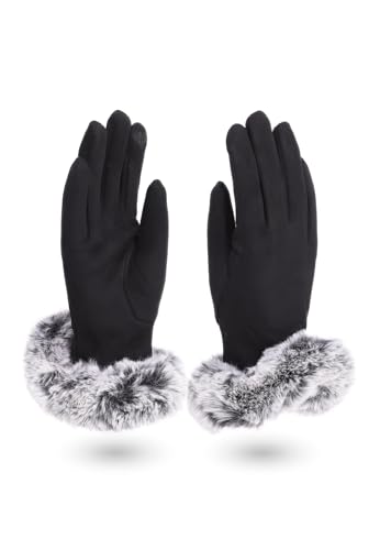QUEEN HELENA Warme Winterhandschuhe aus Wildleder mit Weichem Fell für Damen G22-9 Schwarz, Einheitsgröße von QUEEN HELENA