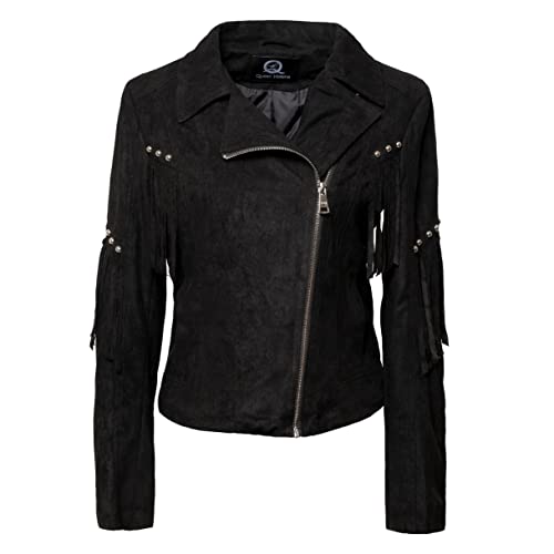 QUEEN HELENA Wildlederjacke mit Fransen Jacke Kurz Nageljacke Biker Casual Leichte Damen Y3003, Schwarz , L von QUEEN HELENA