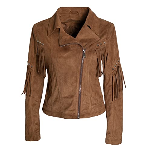 QUEEN HELENA Wildlederjacke mit Fransen Jacke Kurz Nageljacke Biker Casual Leichte Damen Y3003, braun, M von QUEEN HELENA