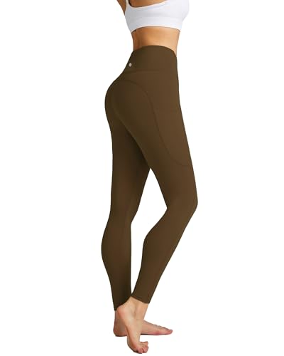 QUEENIEKE Crossover Leggings for Women, High Waisted Buttery Soft Tummy Control Yoga Pants with Pockets M Roasted Brown von QUEENIEKE