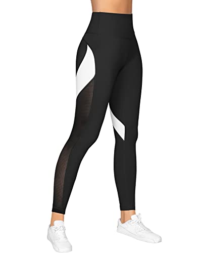 QUEENIEKE Damen 25 inch Yoga Leggings Neunte Hose Farbe Blocking Mesh Workout Laufleggings Strumpfhosen,Schwarz,S von QUEENIEKE