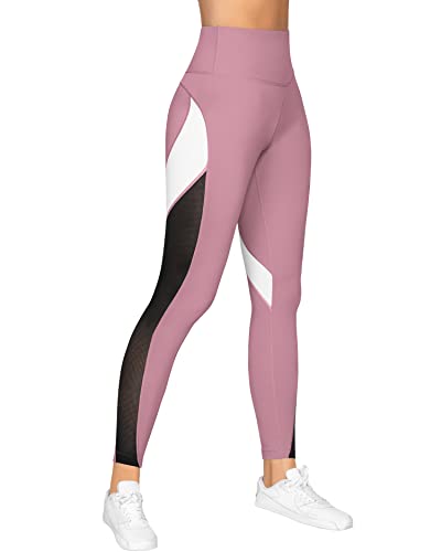 QUEENIEKE Damen 25 inch Yoga Leggings Neunte Hose Farbe Blocking Mesh Workout Laufleggings Strumpfhosen,Begonie Rosa,L von QUEENIEKE