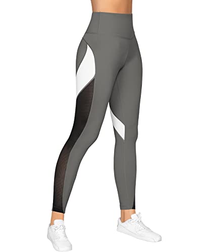 QUEENIEKE Damen 25 inch Yoga Leggings Neunte Hose Farbe Blocking Mesh Workout Laufleggings Strumpfhosen,Dunkelgrau,M von QUEENIEKE