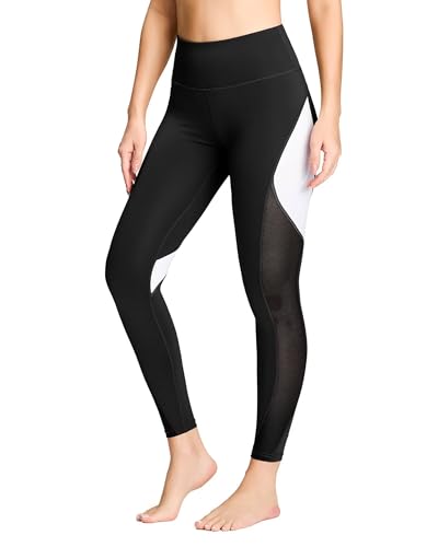 QUEENIEKE Damen 25 inch Yoga Leggings Neunte Hose Farbe Blocking Mesh Workout Laufleggings Strumpfhosen,Schwarz,XL von QUEENIEKE