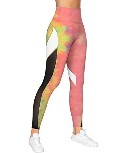 QUEENIEKE Damen Colour Block-Sportleggings Lange Sporthose Mit Taschen Blickdichte Mesh Workout Laufleggings Strumpfhosen Farbe Gelbe pulverförmige Krawattenfarbe Größe XS von QUEENIEKE