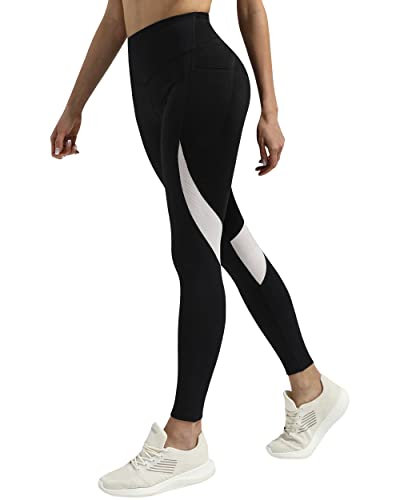 QUEENIEKE Damen Colour Block-Sportleggings Lange Sporthose Mit Taschen Blickdichte Mesh Workout Laufleggings Strumpfhosen New Farbe A-Schwarz11 Größe XS von QUEENIEKE