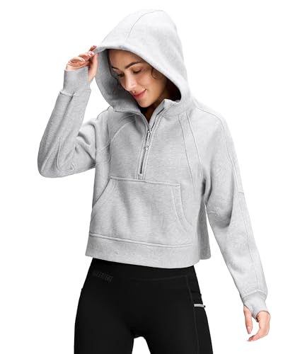 QUEENIEKE Damen Half Zip Hoodies Langarm Fleece Gefüttert Crop Oversized Pullover Sweatshirts mit Daumenloch, Graphitgrau meliert 230409, S von QUEENIEKE