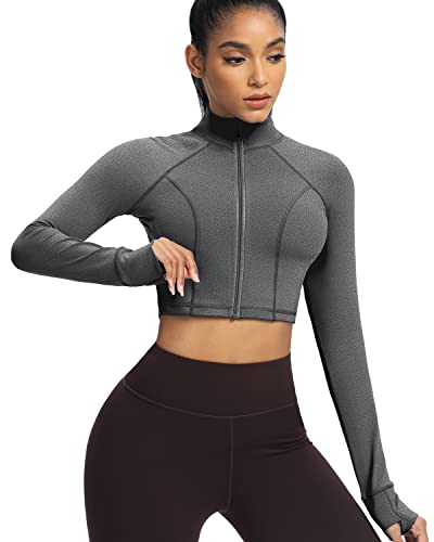 QUEENIEKE Damen Kurz Sportjacke Leichte Laufjacke Durchgehender Reißverschluss mit Daumenlöchern Yoga Jacke Schwarz Grau Kationisch XL von QUEENIEKE