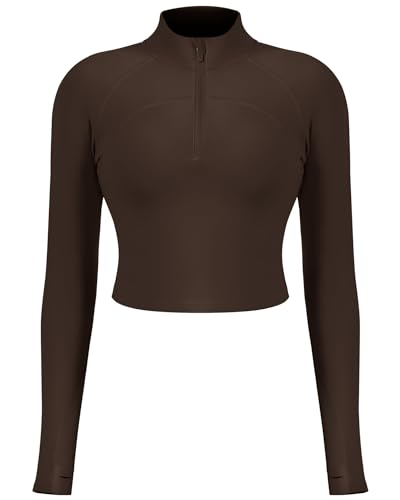 QUEENIEKE Damen Kurz Sportjacken Leichte Sportoberteile Halber Reißverschluss Activewear Langarmshirts mit Daumenlöchern Yoga Jacke Geröstetes Braun L von QUEENIEKE