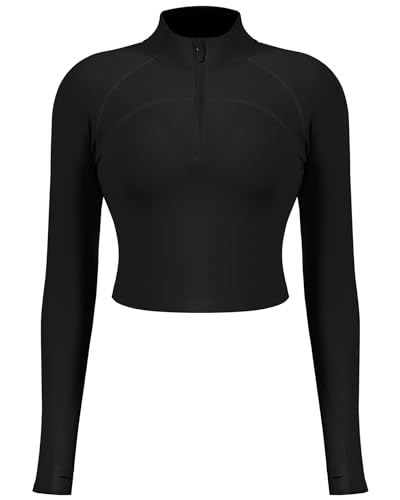 QUEENIEKE Damen Kurz Sportjacken Leichte Sportoberteile Halber Reißverschluss Activewear Langarmshirts mit Daumenlöchern Yoga Jacke Schwarz L von QUEENIEKE