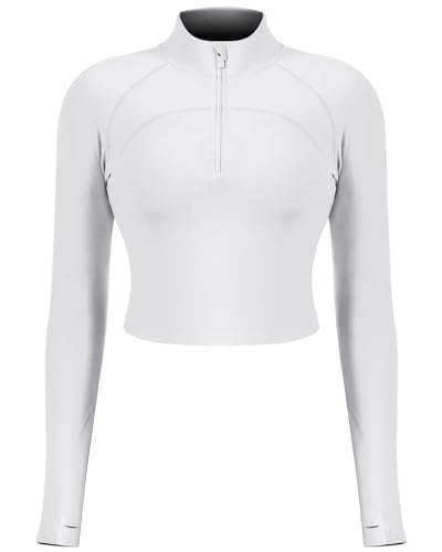 QUEENIEKE Damen Kurz Sportjacken Leichte Sportoberteile Halber Reißverschluss Activewear Langarmshirts mit Daumenlöchern Yoga Jacke Weiß M von QUEENIEKE