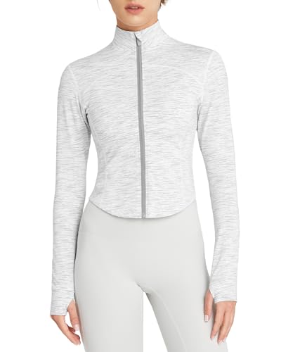 QUEENIEKE Laufjacke Damen mit Lycra Elasthan – Zip-Up Sportjacke Leicht & Atmungsaktiv für Training BBL Running-Jacken (Melange-Weiß, 30-32) von QUEENIEKE