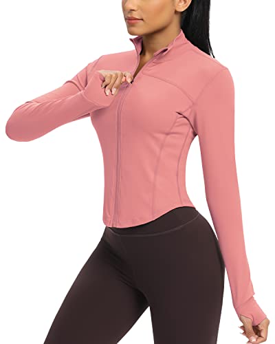 QUEENIEKE Damen Laufjacke Atmungsaktive und Leicht Sportjacke Langarm definieren Jacke mit Daumenloch für Fitness Trainingjacke Jacke Größe L Farbe Dunstige Rose von QUEENIEKE