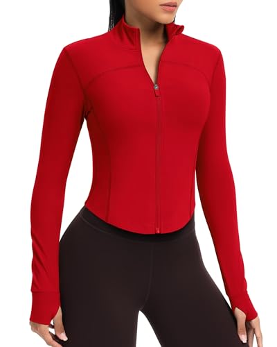 QUEENIEKE Kurze Damen Sportjacke – Leichtes atmungsaktives Yoga-Oberteil mit Daumenlöchern für Fitness & Training (Hellrot, L) von QUEENIEKE
