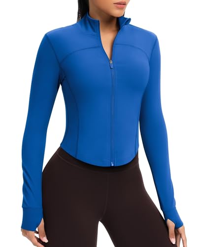 QUEENIEKE Kurze Damen Sportjacke – Leichtes atmungsaktives Yoga-Oberteil mit Daumenlöchern für Fitness & Training (Strahlendes Blau, L) von QUEENIEKE