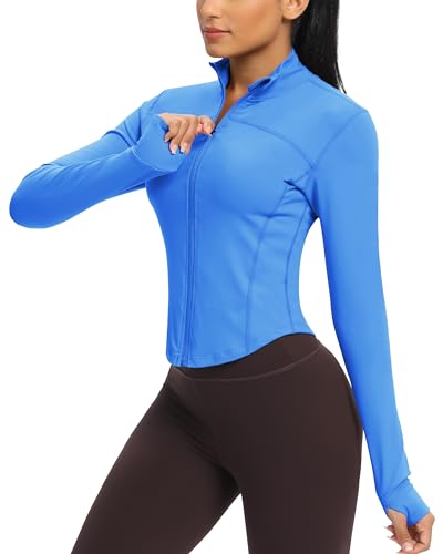 QUEENIEKE Kurze Damen Sportjacke – Leichtes atmungsaktives Yoga-Oberteil mit Daumenlöchern für Fitness & Training (Strahlendes Blau, M) von QUEENIEKE