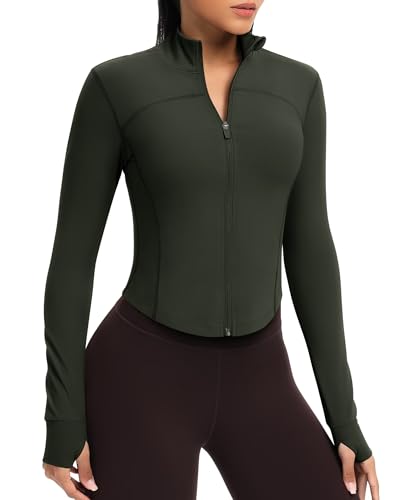 QUEENIEKE Kurze Damen Sportjacke – Leichtes atmungsaktives Yoga-Oberteil mit Daumenlöchern für Fitness & Training (Moos-Grün, S) von QUEENIEKE