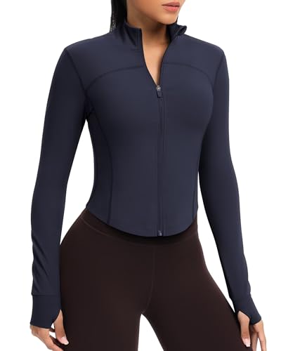 QUEENIEKE Kurze Damen Sportjacke – Leichtes atmungsaktives Yoga-Oberteil mit Daumenlöchern für Fitness & Training (Bijou Blau, XL) von QUEENIEKE