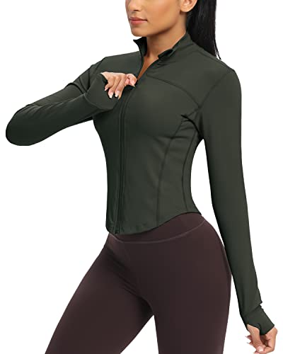 QUEENIEKE Damen Laufjacke Atmungsaktive und Leicht Sportjacke Langarm definieren Jacke mit Daumenloch für Fitness Trainingjacke Jacke Größe XL Farbe Moosgrün von QUEENIEKE