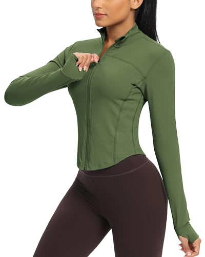 QUEENIEKE Damen Laufjacke Atmungsaktive und Leicht Sportjacke Langarm definieren Jacke mit Daumenloch für Fitness Trainingjacke Jacke Größe XS Farbe Armeegrün von QUEENIEKE