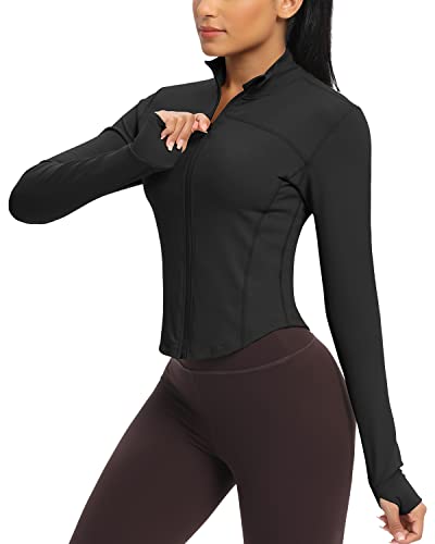 QUEENIEKE Damen Laufjacke Atmungsaktive und Leicht Sportjacke Langarm definieren Jacke mit Daumenloch für Fitness Trainingjacke Jacke Größe XS Farbe Schwarz meliert von QUEENIEKE